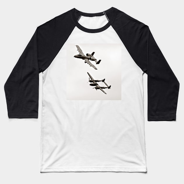 Warthog and Lighting Sepia In Flight Military Aviation Baseball T-Shirt by Scubagirlamy